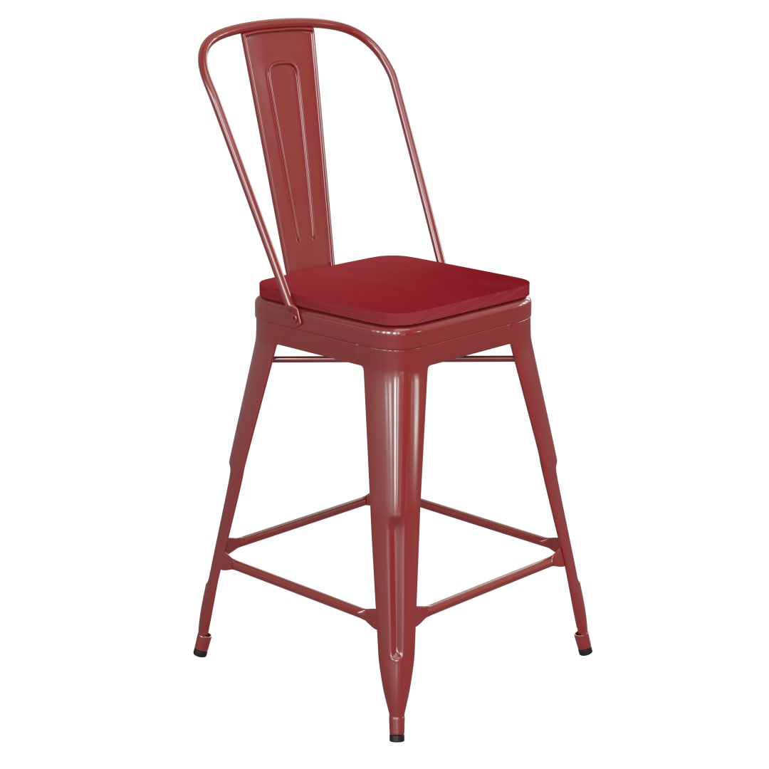 Kai Commercial Grade 24" High Red Metal Indoor-Outdoor Counter Height Stool with Removable Back and Red All-Weather Poly Resin Seat
