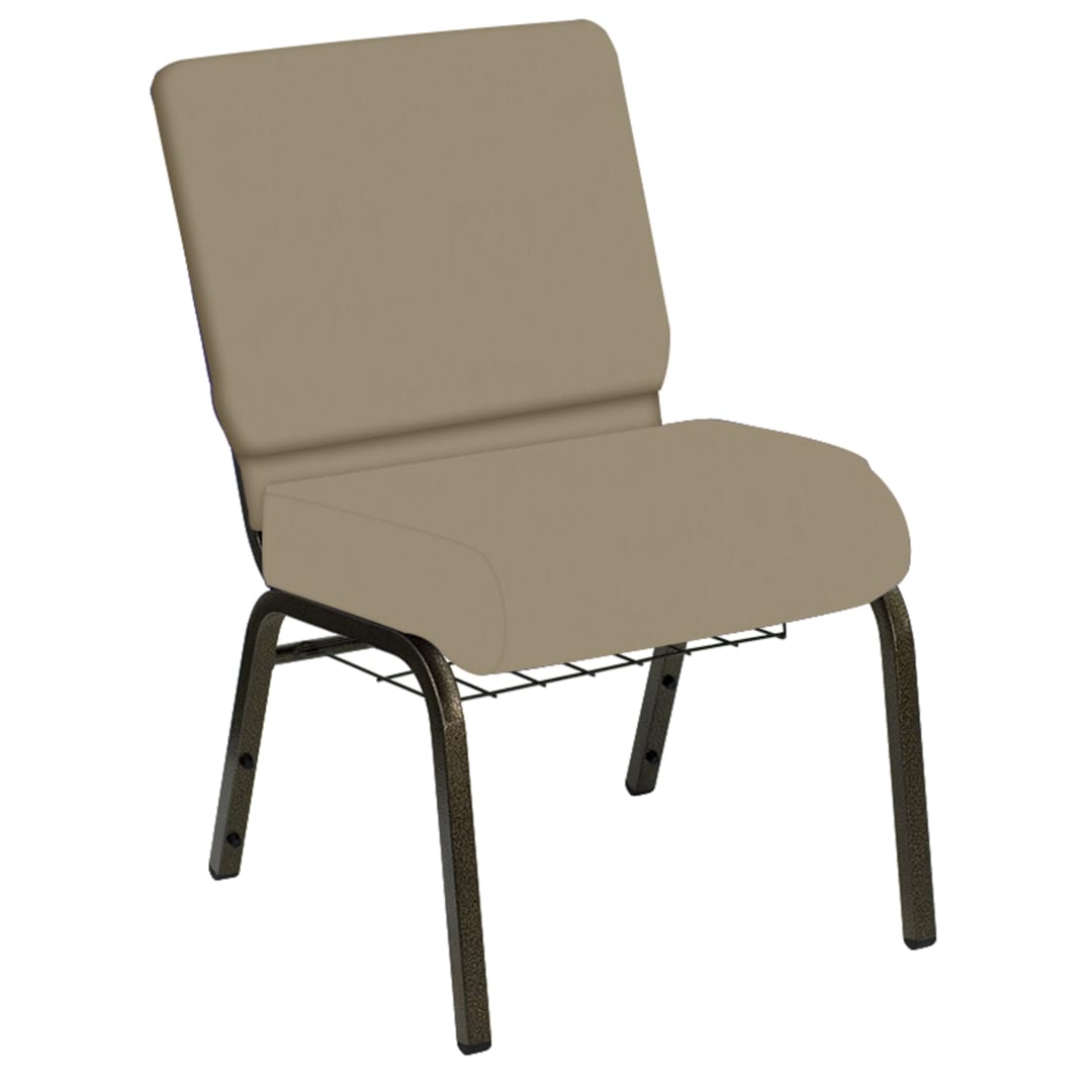 HERCULES Series 21''W Church Chair in E-Z Wallaby Neutral Vinyl with Book Rack - Gold Vein Frame