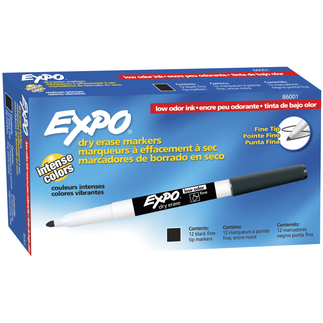 EXPO® Low Odor Dry Erase Markers, Fine Tip, Black, 12 Count