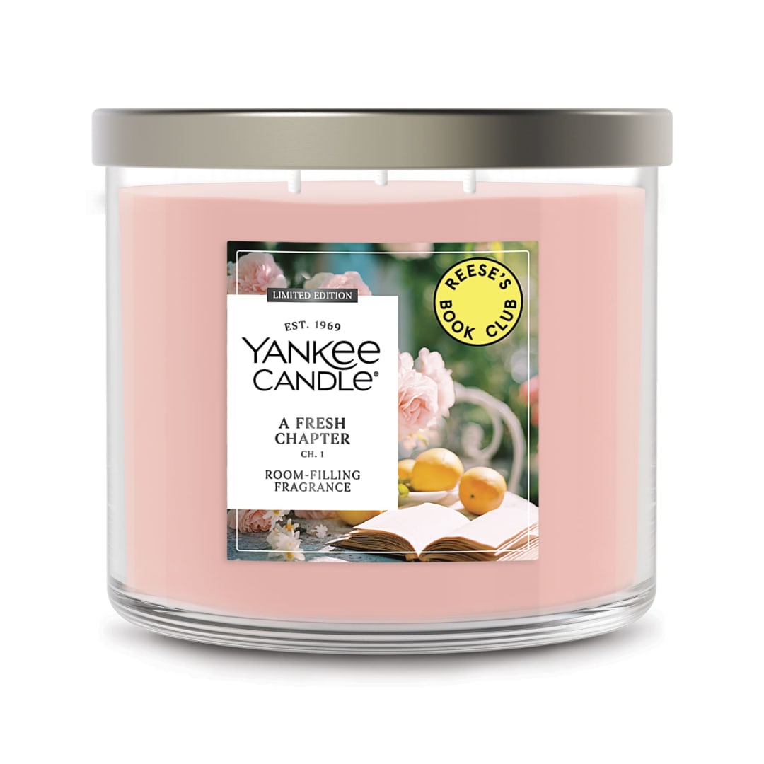 Yankee Candle x Reese’s Book Club, A Fresh Chapter, Spring Scented Candle, Bright Pomelo Scent, Blooming Rose Scent, 14.5oz 3-Wick Candle Jar with up to 40 Hours Burn Time, Giftable