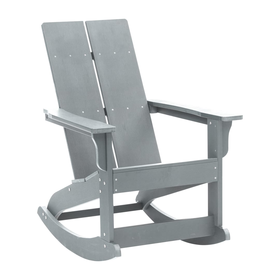 Finn Modern Commercial Grade All-Weather 2-Slat Poly Resin Wood Rocking Adirondack Chair with Rust Resistant Stainless Steel Hardware in Gray