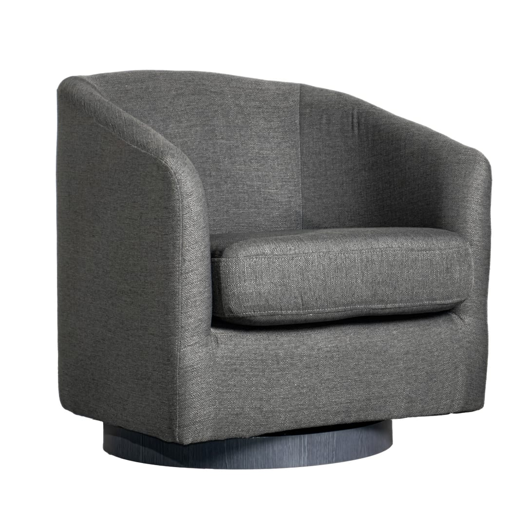 Landon Club Style Commercial Barrel Accent Armchair with 360 Degree Swivel Metal Base and Sloped Armrests in Dark Gray Fabric Upholstery