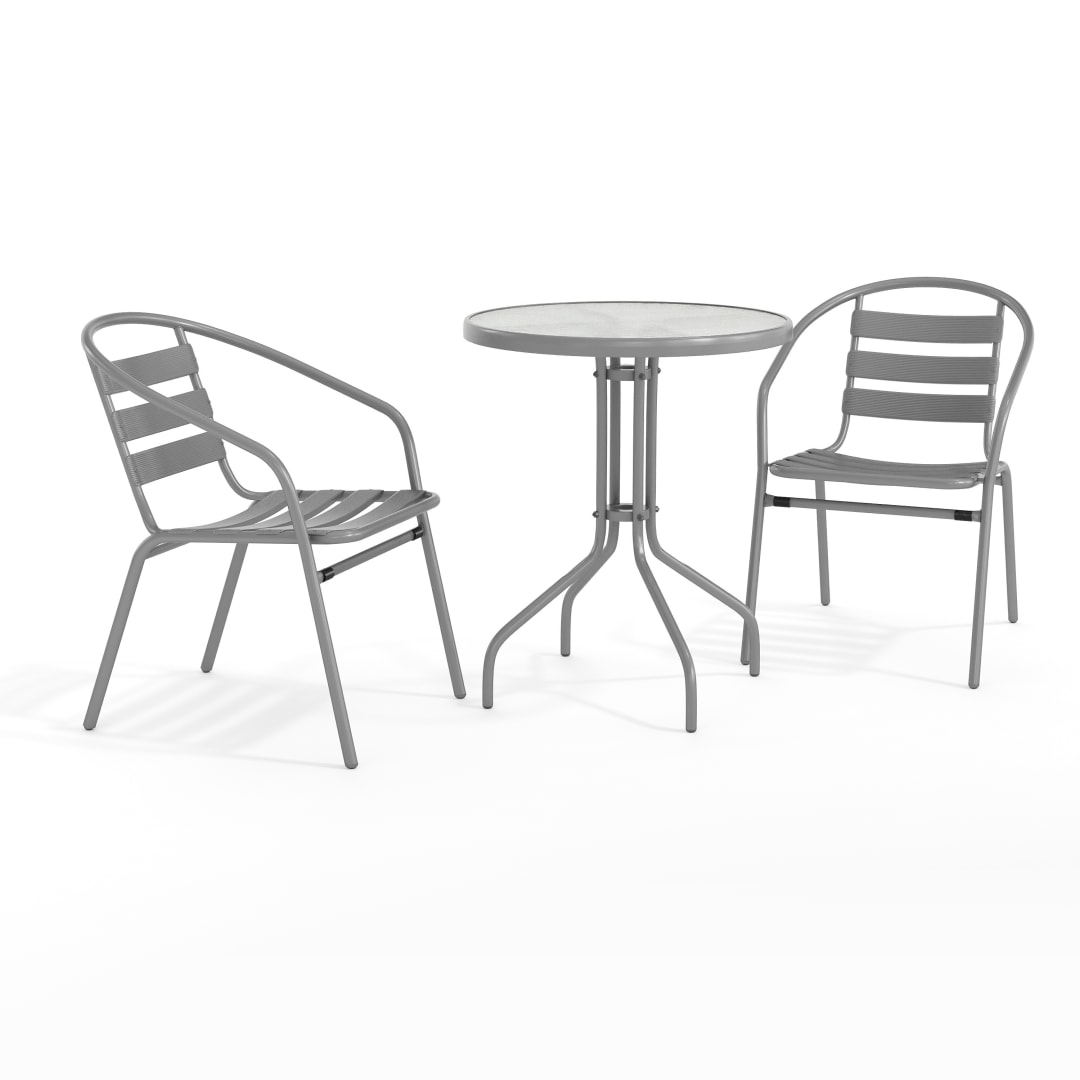 Lila 23.75'' Round Glass Top Metal Table with 2 Silver Aluminum Slat Stack Chairs