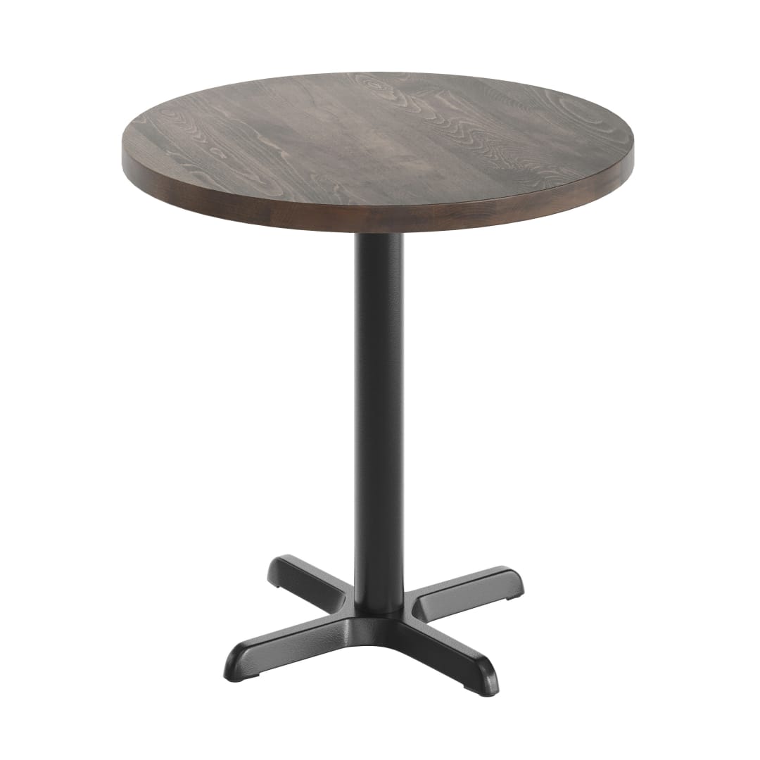 Bennett 30" Round Solid Wood Commercial Indoor Tabletop in Dark Brown with 22" x 22" Table Height Rust-Resistant Black Cast Iron X-Base