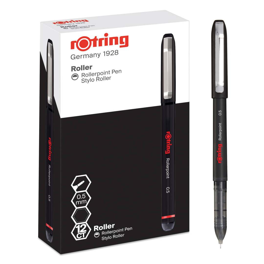 rOtring bolígrafo roller | punta de aguja (0,5 mm) para una escritura precisa | tinta negra | 12 unidades
