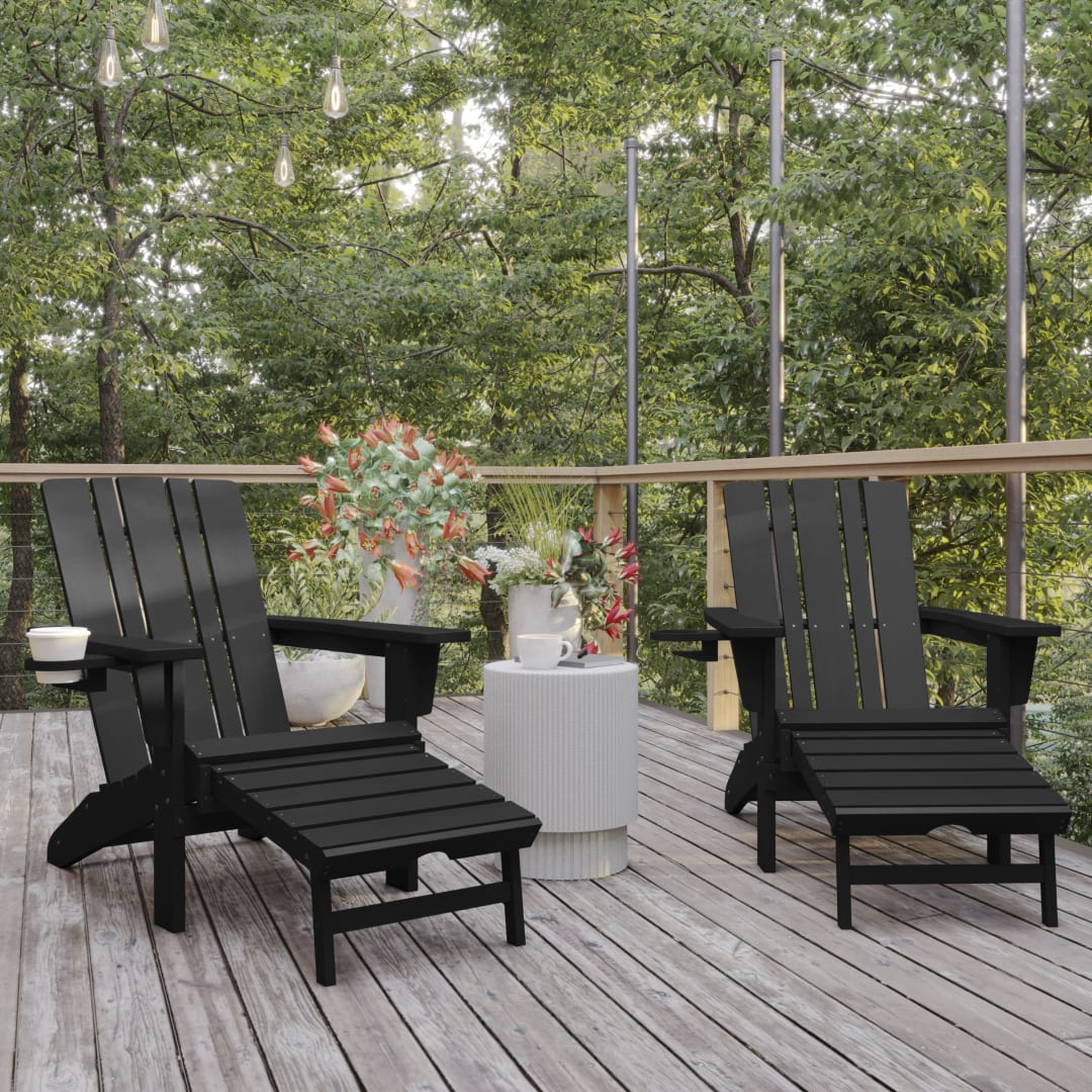Halifax HDPE Adirondack Chair with Cup Holder and Pull Out Ottoman, All-Weather HDPE Indoor/Outdoor Lounge Chair in Black, Set of 2
