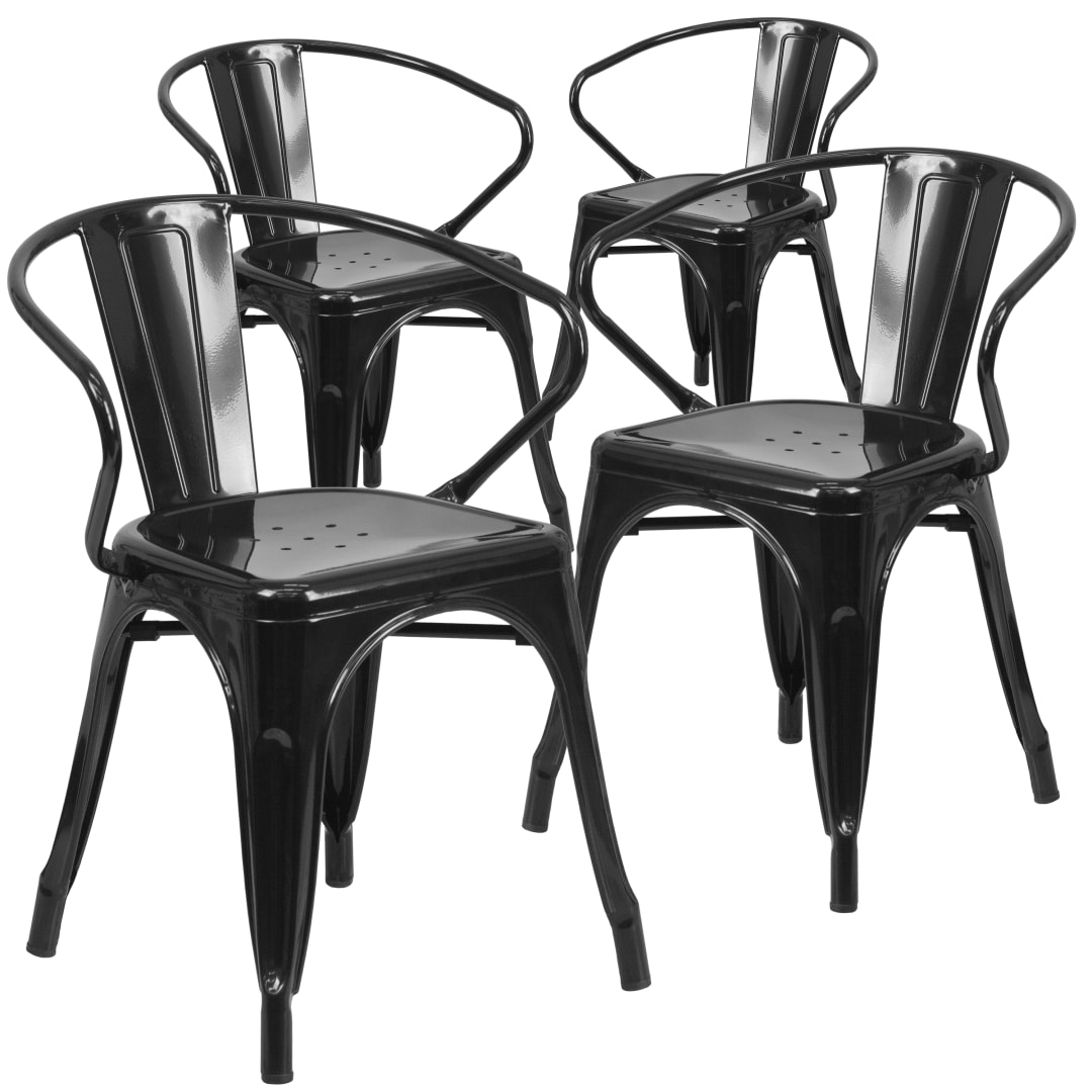 Roy Commercial Grade 4 Pack Black Metal Indoor-Outdoor Chair with Arms