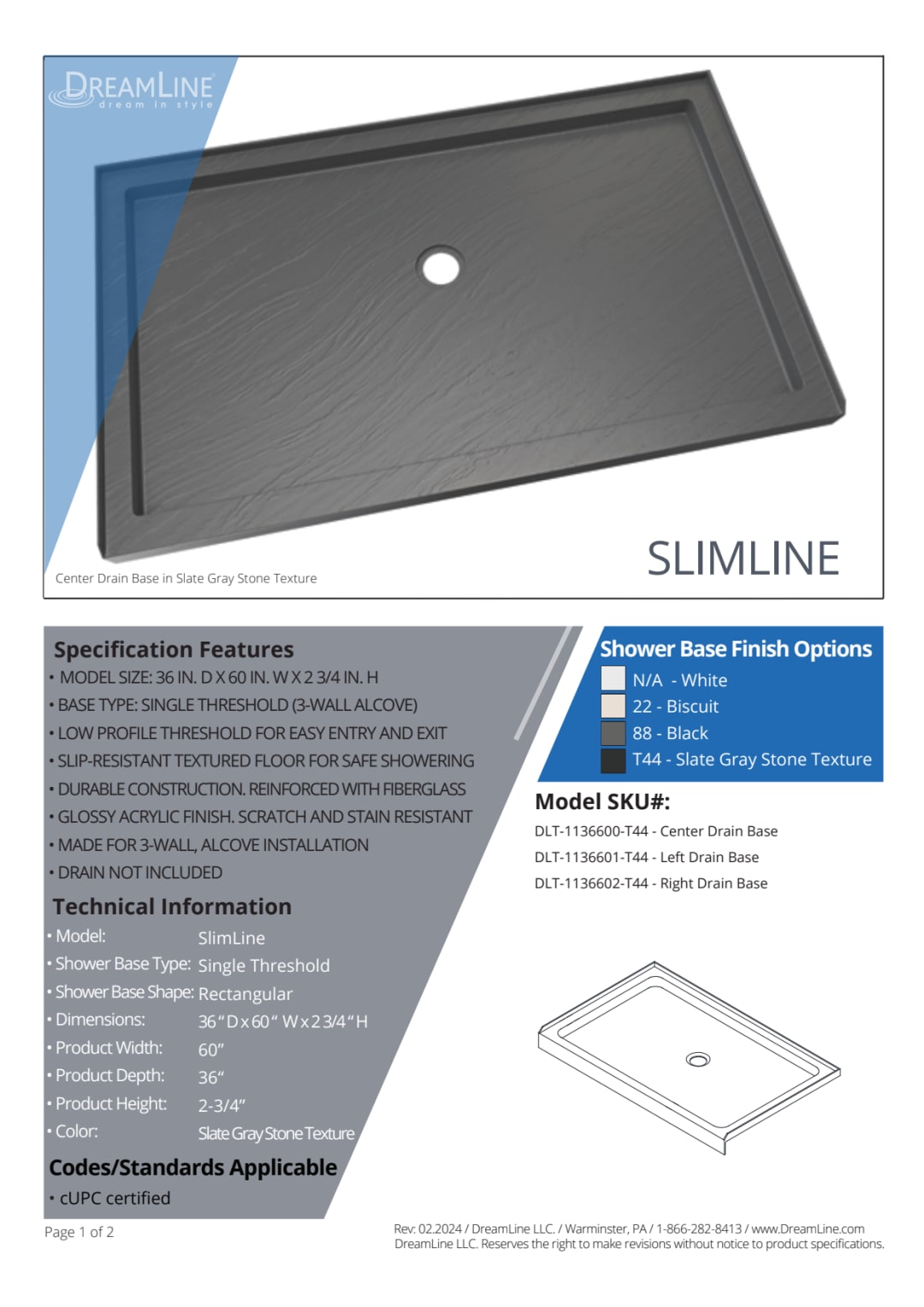 DreamLine SlimLine 36 inch D x 60 inch W x 2 3/4 inch H Center Drain ...