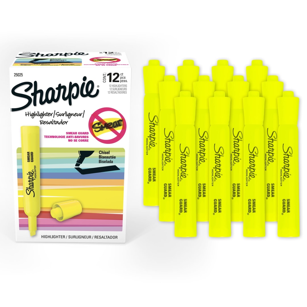 Sharpie Tank Style Highlighters, Chisel Tip, Fluorescent Yellow, Box of 12