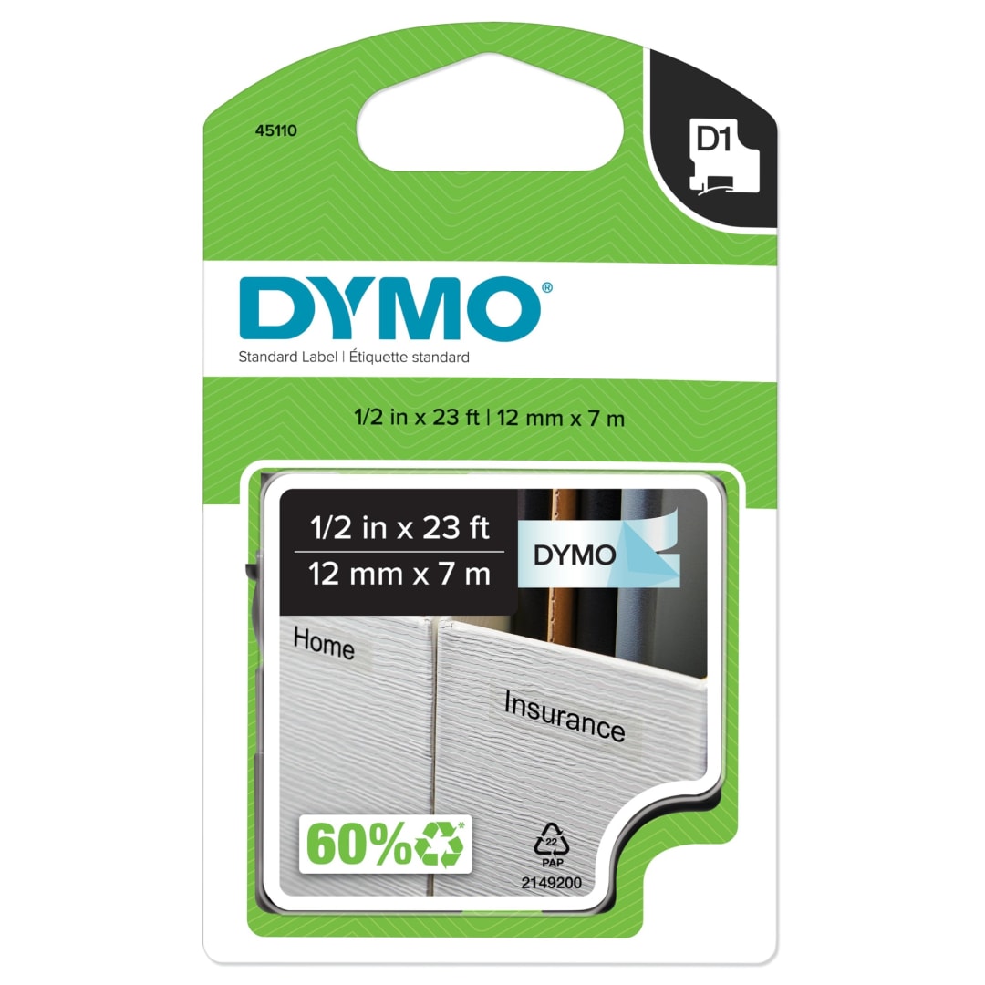 DYMO® Standard D1 Labeling Tape for LabelManager Label Makers, Black print on Clear tape, 1/2'' W x 23' L, 1 cartridge