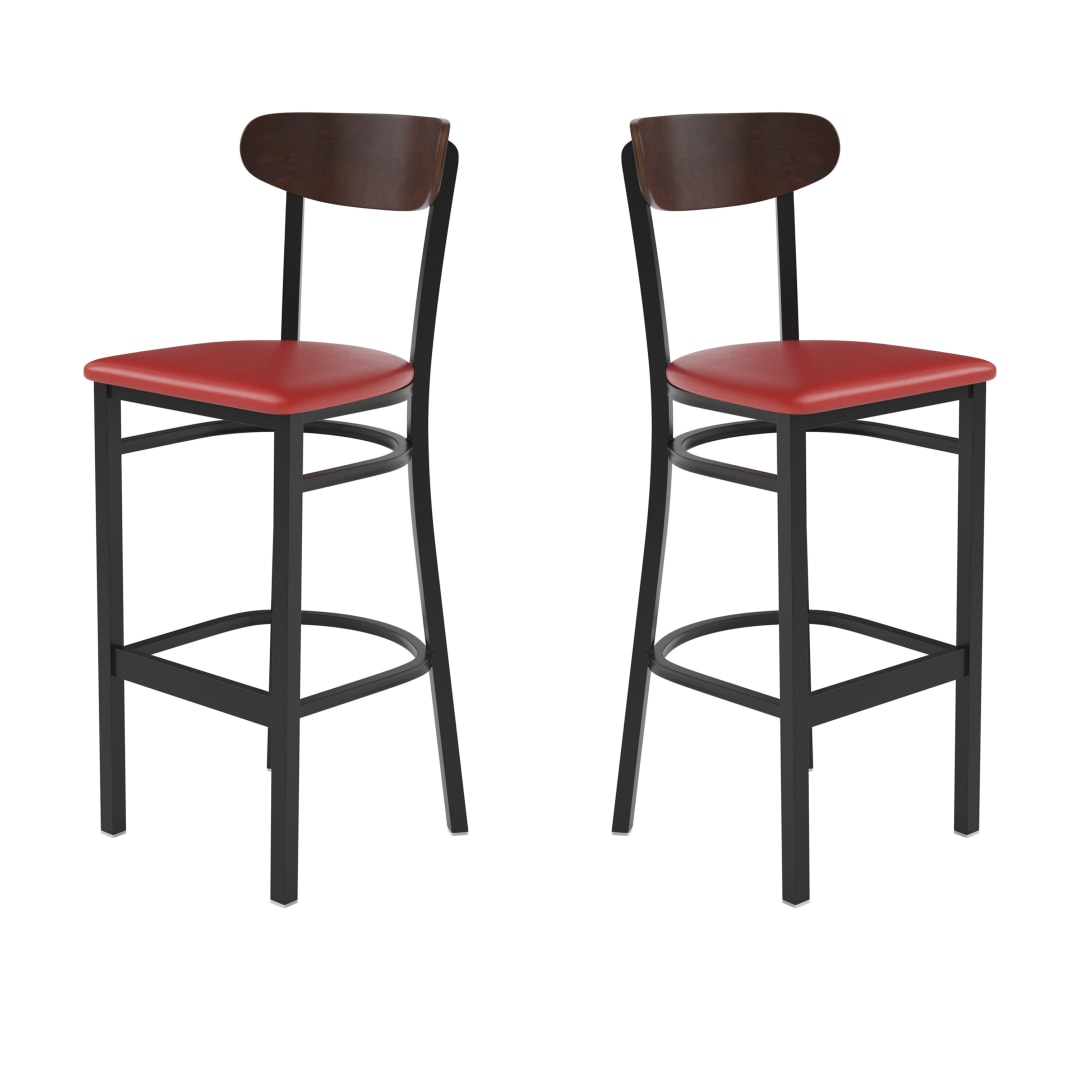 Wright Set of 2 Commercial Barstools with 500 LB. Capacity Black Steel Frame, Walnut Finish Wooden Boomerang Back, and Red Vinyl Seat