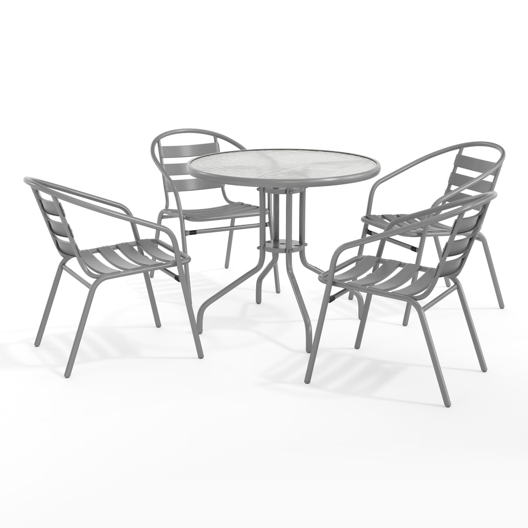 Lila 31.5'' Round Glass Top Metal Table with 4 Silver Aluminum Slat Stack Chairs