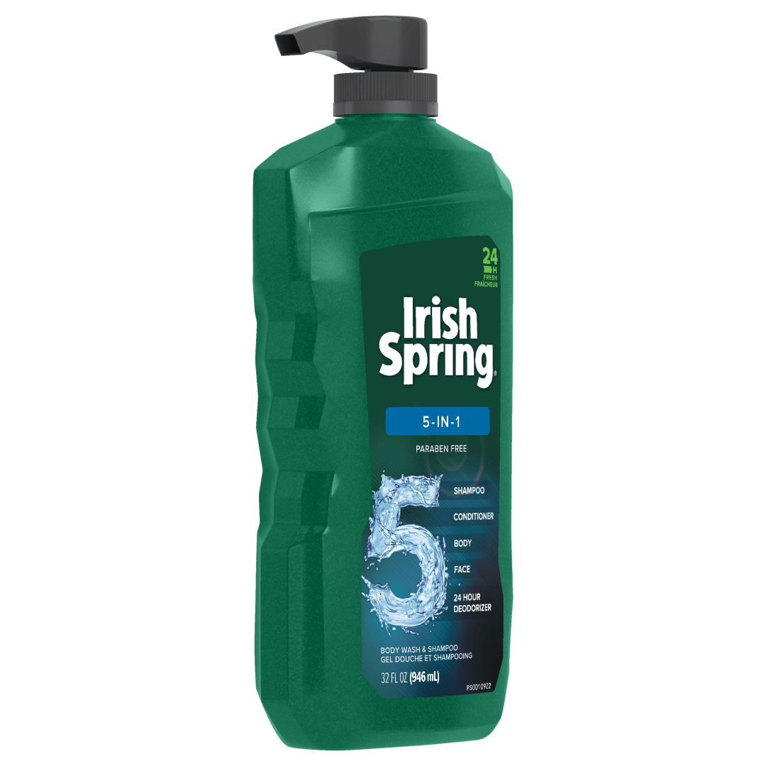 Irish Spring 5 in 1 Men's Body Wash and Shampoo Pump for Hair, Face and Body, Washes Away Bacteria and Retains Skin's Natural Moisture - 32 fluid ounce. Pump