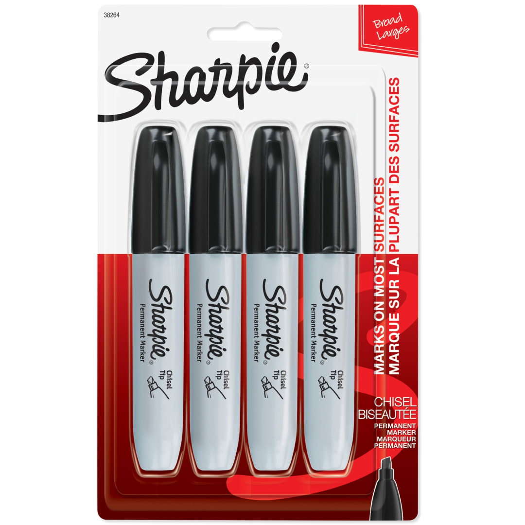 Sharpie® Permanent Markers, Chisel Tip, Black, 4 Count
