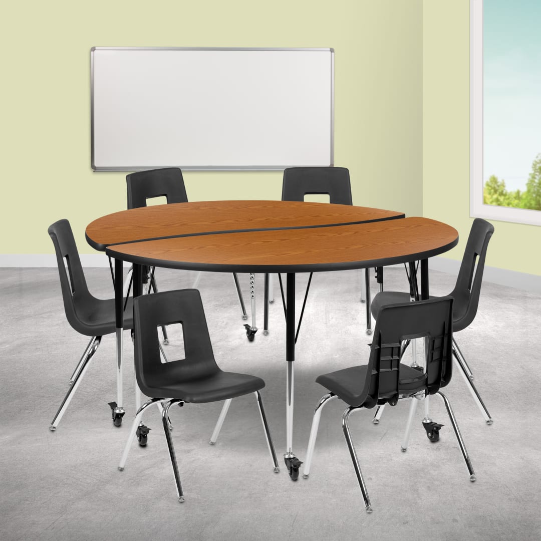 Emmy Mobile 60" Circle Wave Flexible Laminate Activity Table Set with 16" Student Stack Chairs, Oak/Black