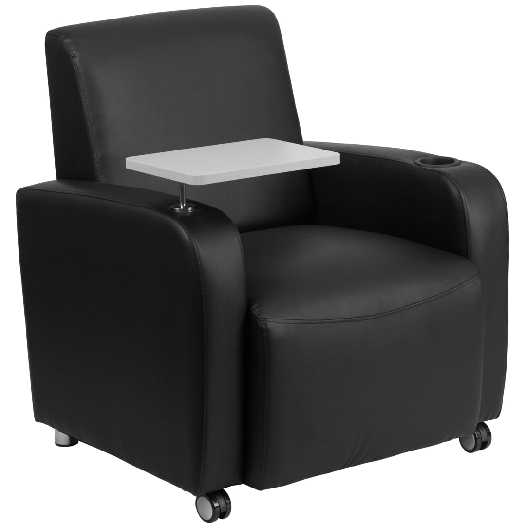 George Black LeatherSoft Guest Chair with Tablet Arm, Front Wheel Casters and Cup Holder