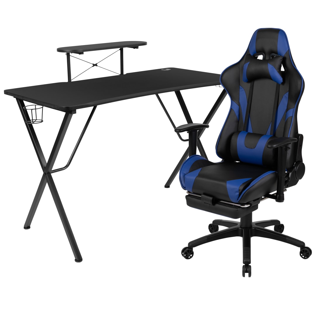 Optis Black Gaming Desk with Cup Holder/Headphone Hook and Monitor/Smartphone Stand &amp; Blue Reclining Gaming Chair with Footrest