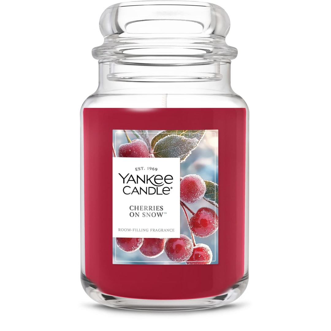 Yankee Candle Large Jar Scented Candle with up to 150 Hour Burn Time, Premium Plant Wax Blend for Consistent Burn, 22 oz Jar Candle with Room Filling Fragrance, Cherries on Snow