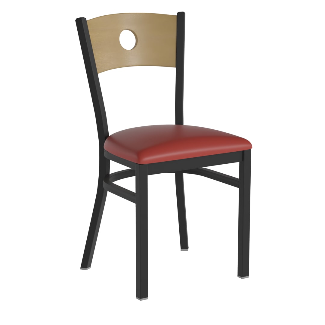 HERCULES Black Circle Back Metal Restaurant Chair - Natural Wood Back, Red Vinyl Seat