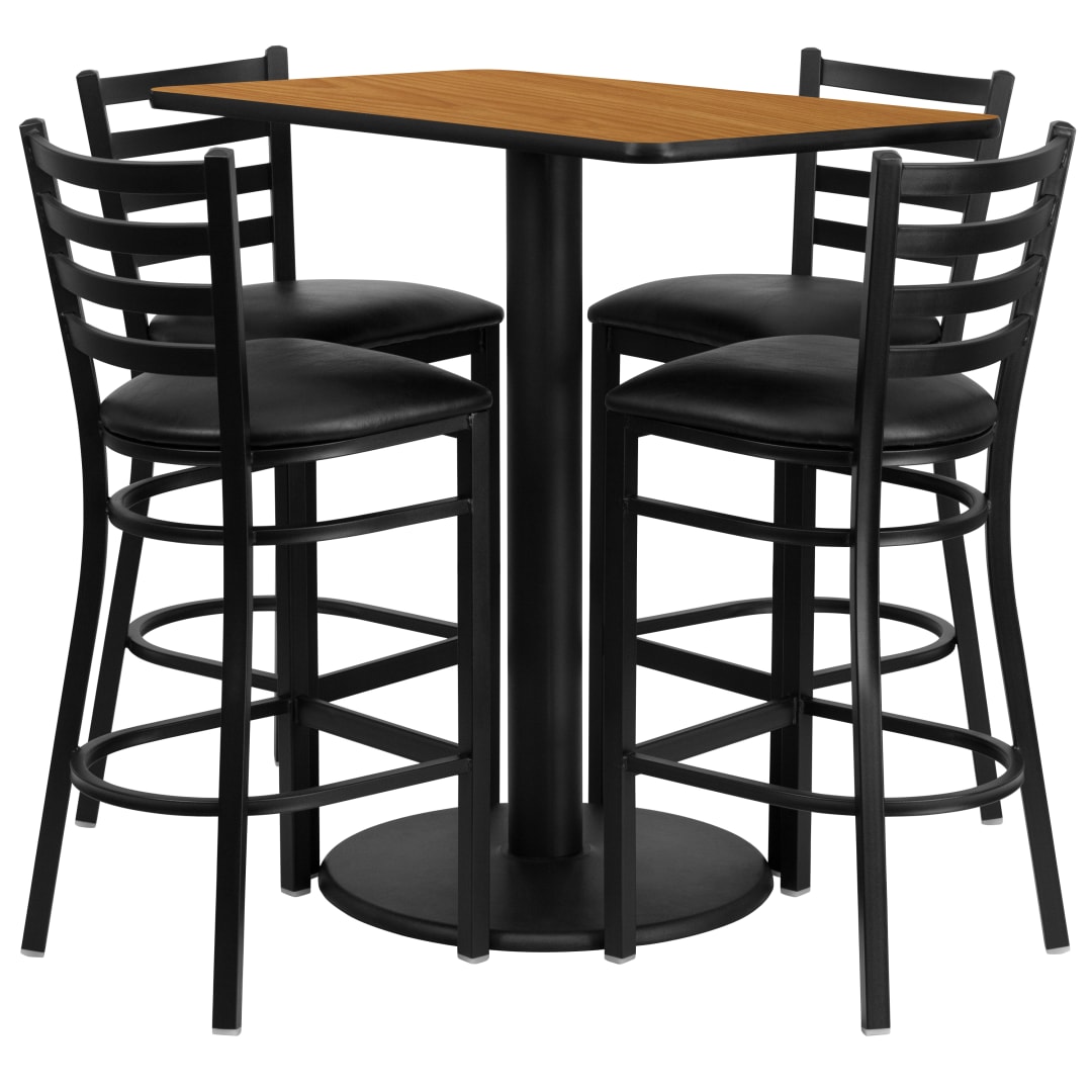 Jamie 24'' x 42'' Rectangular Natural Laminate Table Set with 4 Ladder Back Metal Barstools - Black Vinyl Seat