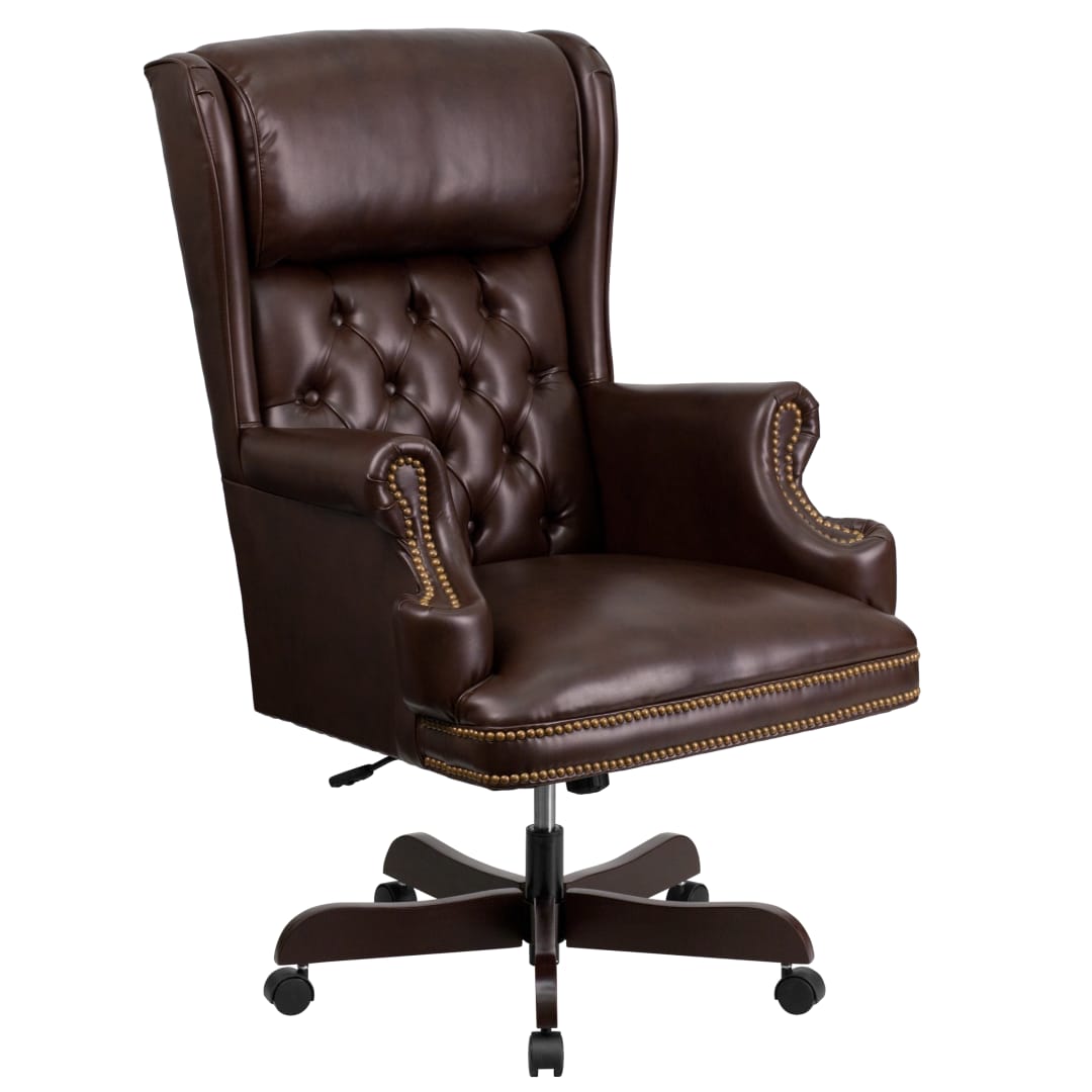 Ainslie High Back Traditional Tufted Brown LeatherSoft Executive Ergonomic Office Chair with Oversized Headrest &amp; Nail Trim Arms