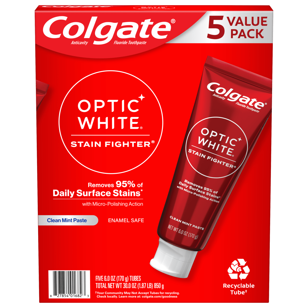 Colgate Optic White Stain Fighter Teeth Whitening Toothpaste Pack, Clean Mint Paste