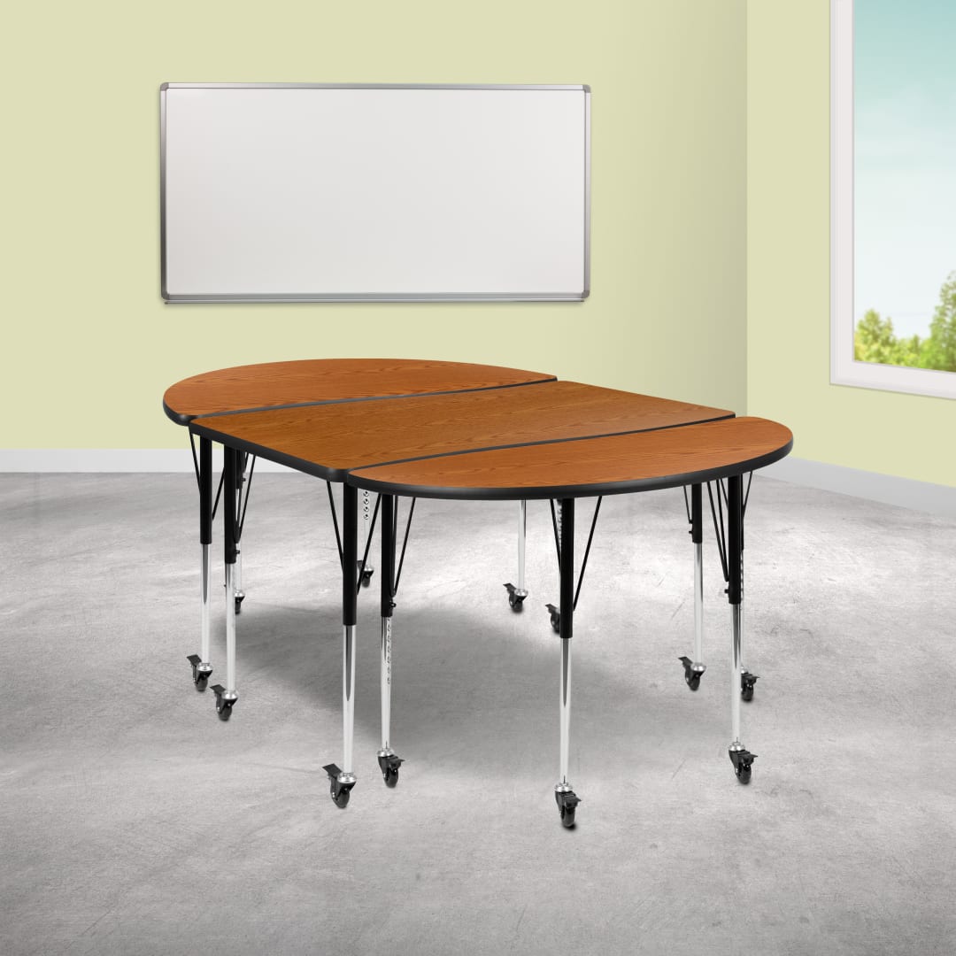 Emmy 3 Piece Mobile 76" Oval Wave Flexible Oak Thermal Laminate Activity Table Set-Standard Height Adjustable Legs