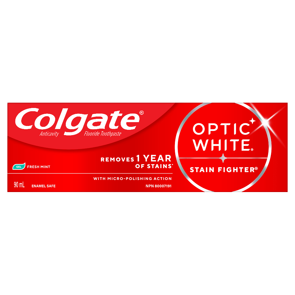 Colgate Optic White Stain Fighter Fresh Mint Teeth Whitening Toothpaste Gel, Anticavity Toothpaste Gel with Fluoride, 90 mL
