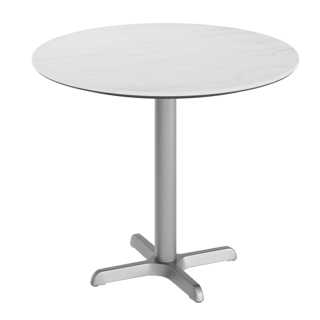 Acadia 31.25" Round Indoor Outdoor Tabletop in White Faux Marble with TopGuard HPL Technology and 22" x 22" Silver Cast Iron X Table Base