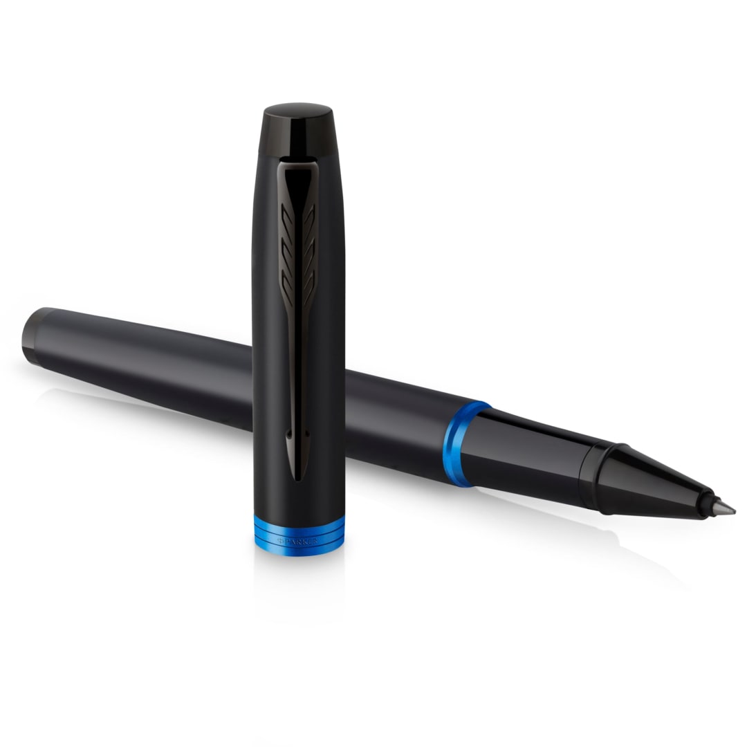 Parker IM Vibrant Rings RollerBall® Pen, Satin Black Lacquer with Marine Blue Accents, Fine Point with Black Ink Refill, Gift Box