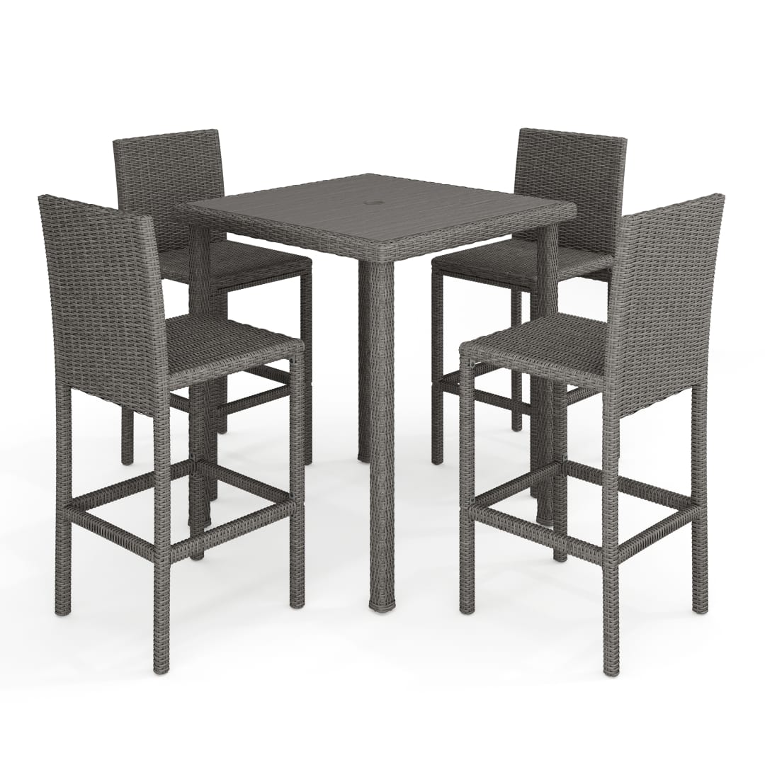 Bedford 5-Piece Indoor-Outdoor Bar Set with 4 Patio Bar Stools and Bar Height Table with Engineered Wood Top in Gray Rattan Wicker