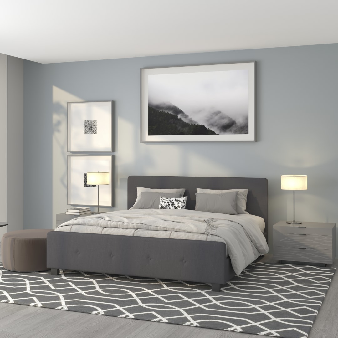 Tribeca King Size Tufted Upholstered Platform Bed in Dark Gray Fabric