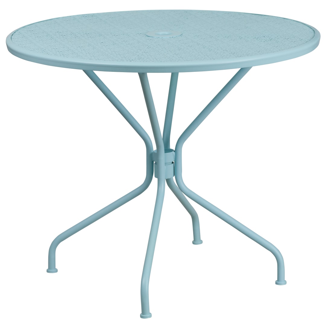 Oia Commercial Grade 35.25" Round Sky Blue Indoor-Outdoor Steel Patio Table with Umbrella Hole
