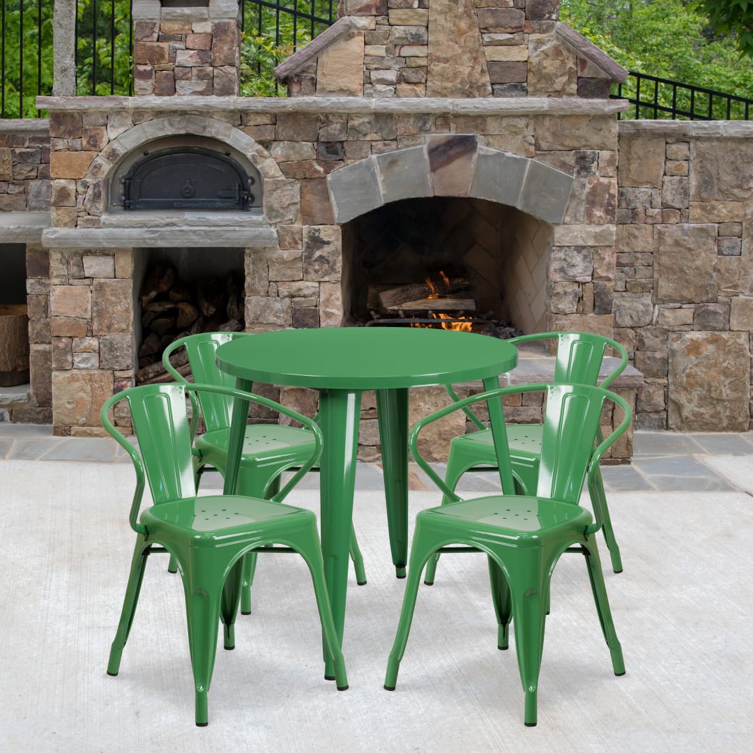 Cory Commercial Grade 30" Round Green Metal Indoor-Outdoor Table Set with 4 Arm Chairs