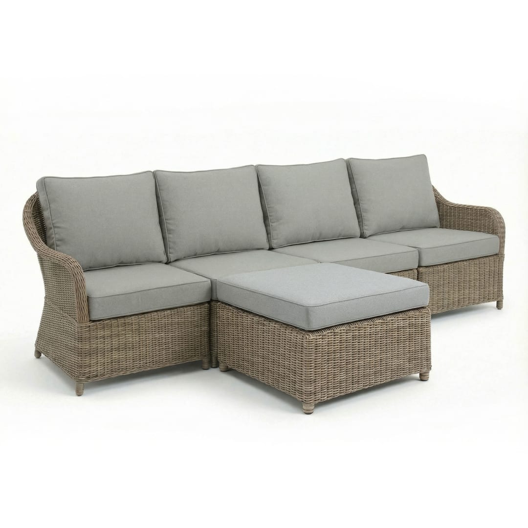 Lily Pond Indoor-Outdoor Modular 4 Seat Patio Sofa with Ottoman in Weathered Gray Rattan Wicker with Gray All-Weather Cushions