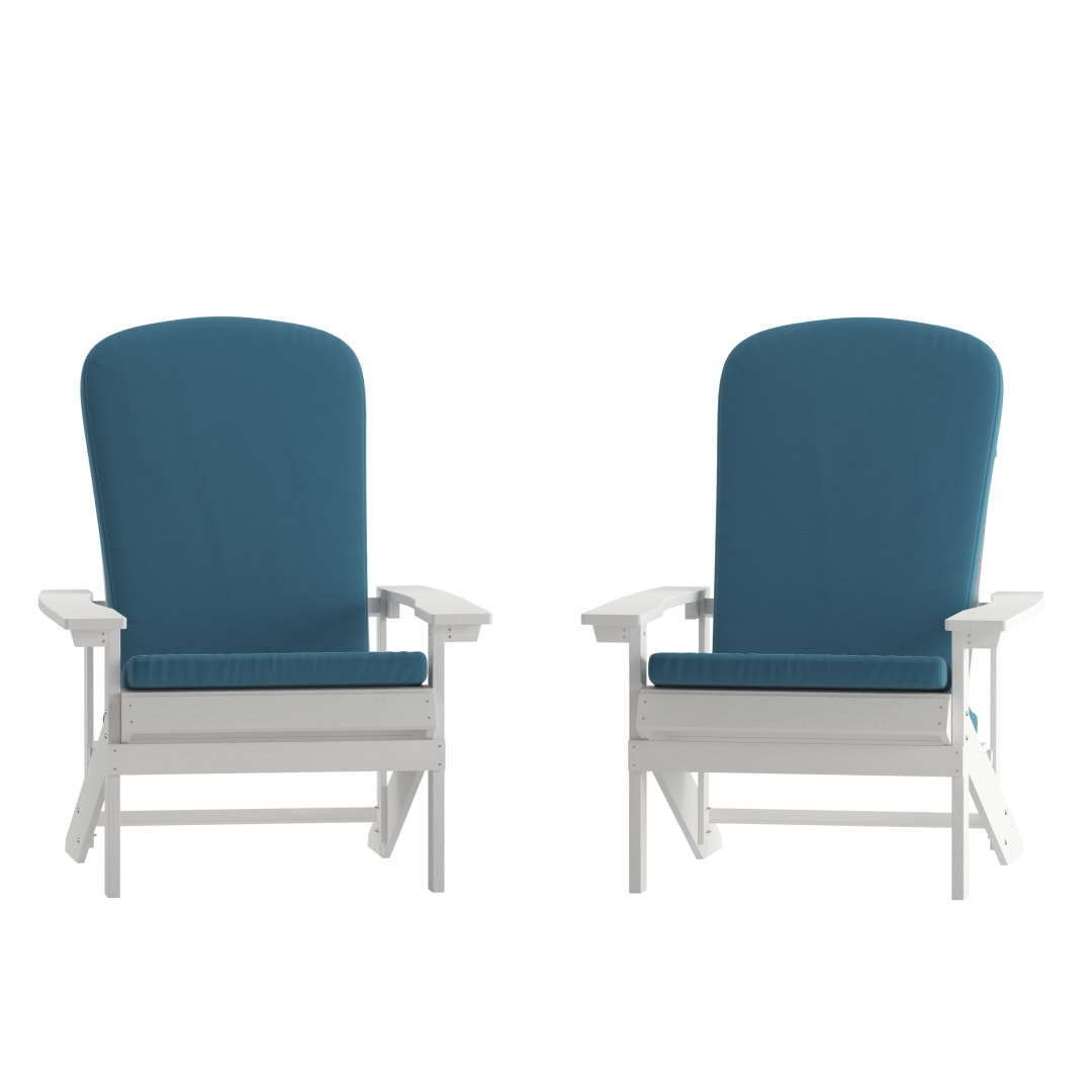 Charlestown Set of 2 All-Weather Poly Resin Wood Adirondack Chairs in White with Teal Cushions for Deck, Porch, and Patio