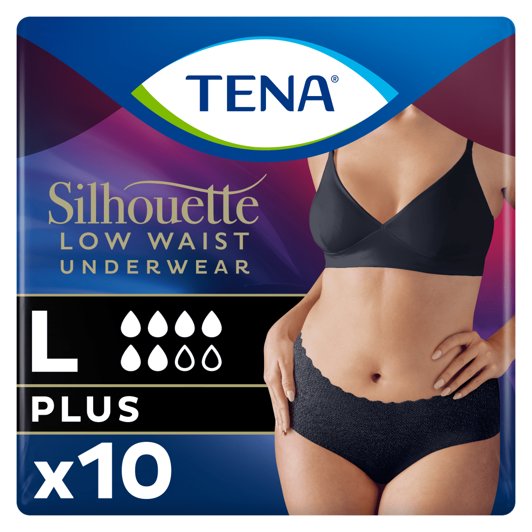 TENA Silhouette Plus Low Waist – Elegant Discreet Incontinence Underwear for Women, Moderate to Heavy Leakage Protection, Stylish Design &amp; Triple Protection, Black, Large, Pack of 10