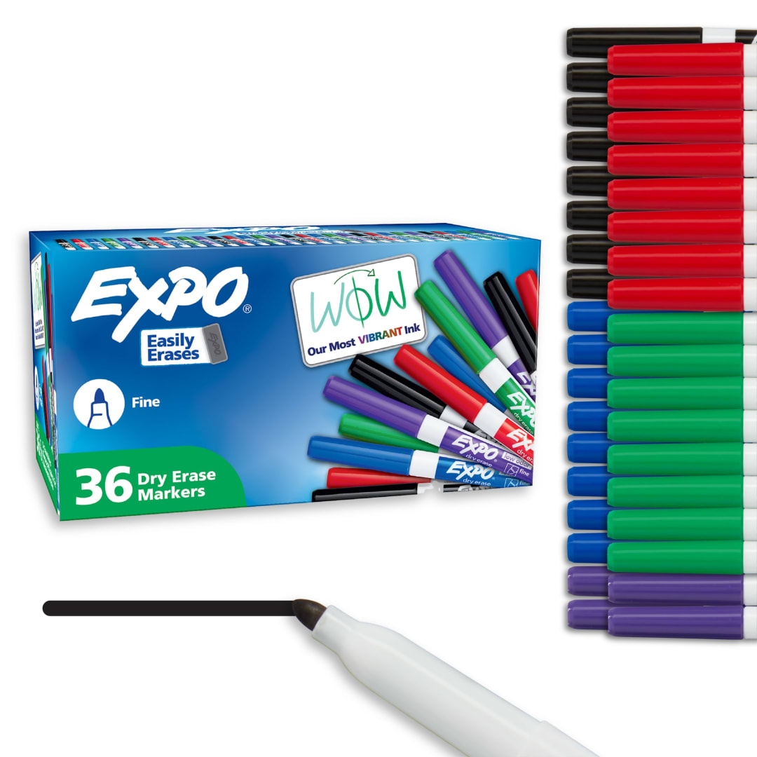EXPO Dry Erase Markers, Low Odor Ink, Assorted Colors, Fine Tip, 36 Count
