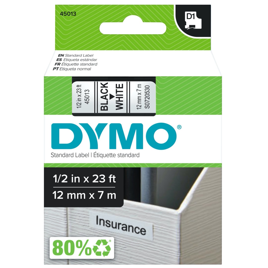 DYMO® D1 Standard Labels for LabelManager Label Makers, 1/2-Inch x 23-Foot, Black Print on White Tape, Self-Adhesive, 1 Cartridge