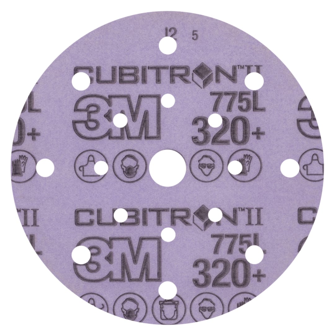 3M™ Cubitron™ II Hookit™ 775L Film Disk, 320+ 3MIL, 152.4 mm x NH, 17HL, Die 600FL, 50/Carton, 250 ea/Case