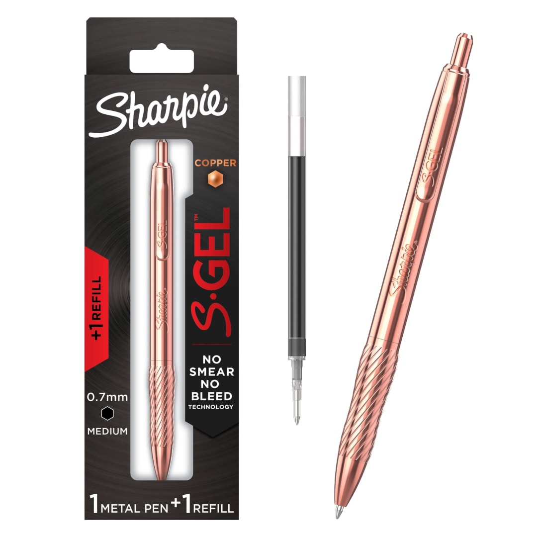 Sharpie S-Gel, Gel Pen, Copper Metal Body, Medium Point (0.7mm), Black Ink, Includes 1 Pen and 1 Additional Ink Refill