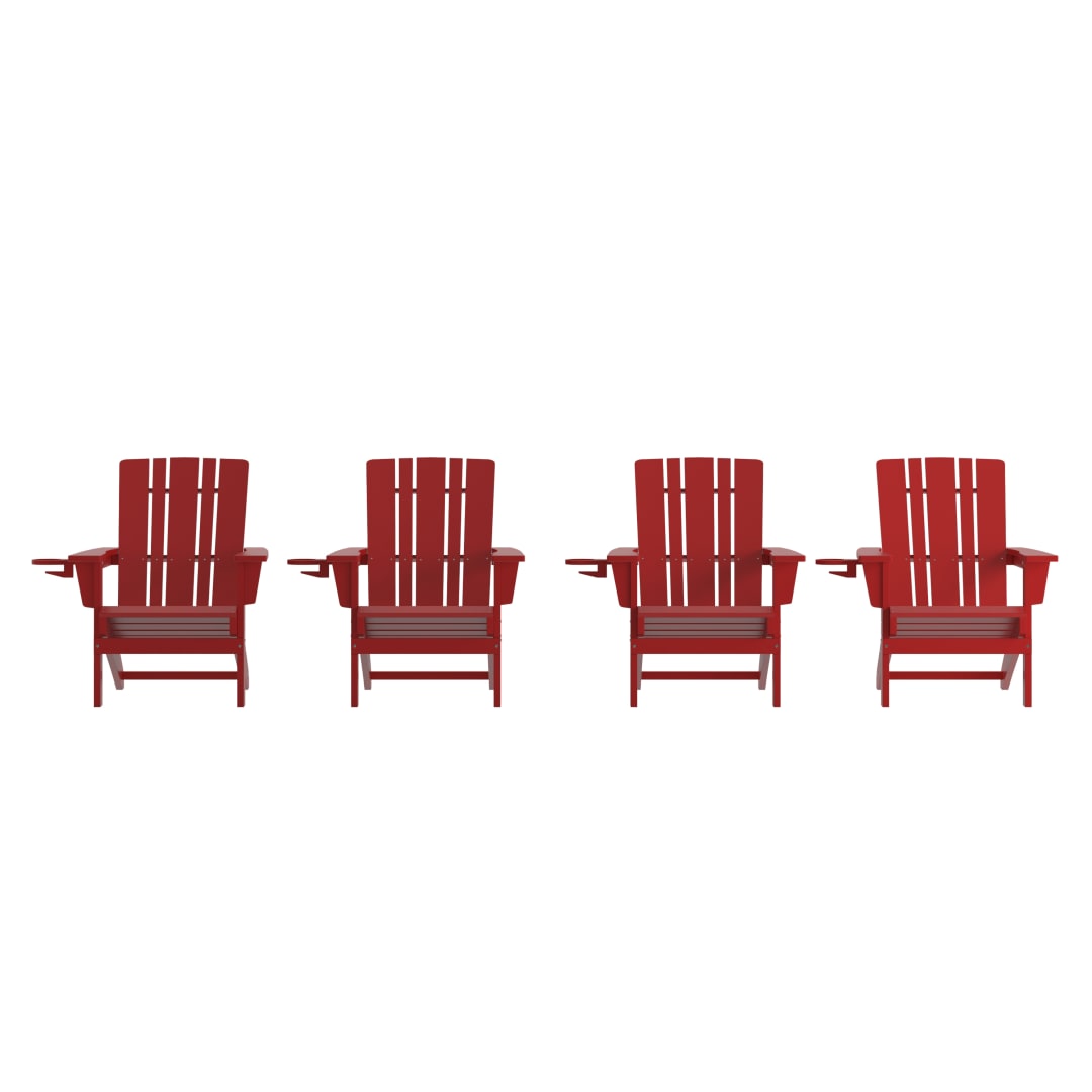 Halifax Adirondack Chair with Cup Holder, Weather Resistant HDPE Adirondack Chair in Red, Set of 4