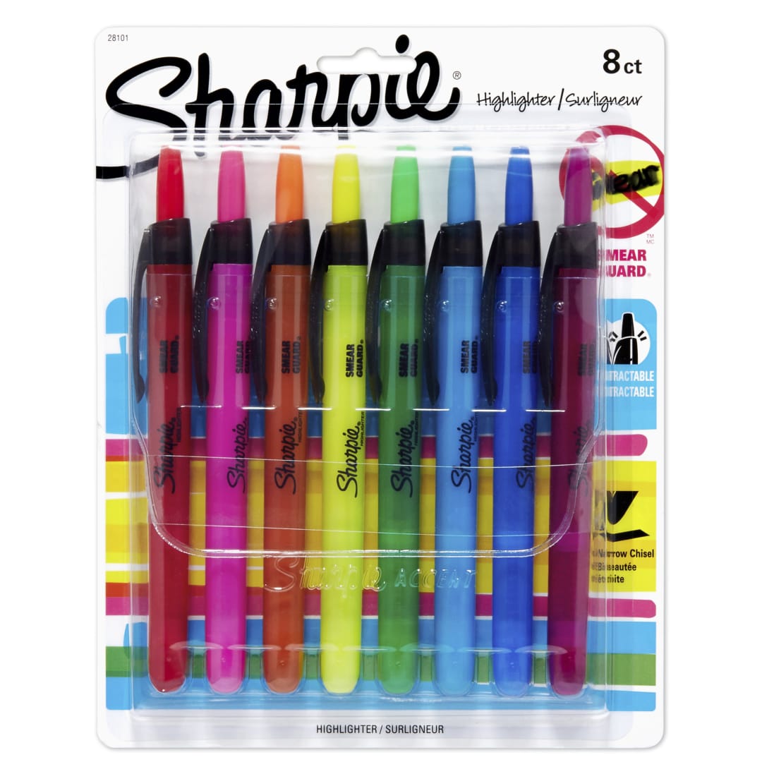 Sharpie® Retractable Highlighters, Chisel Tip, Assorted, 8 Count