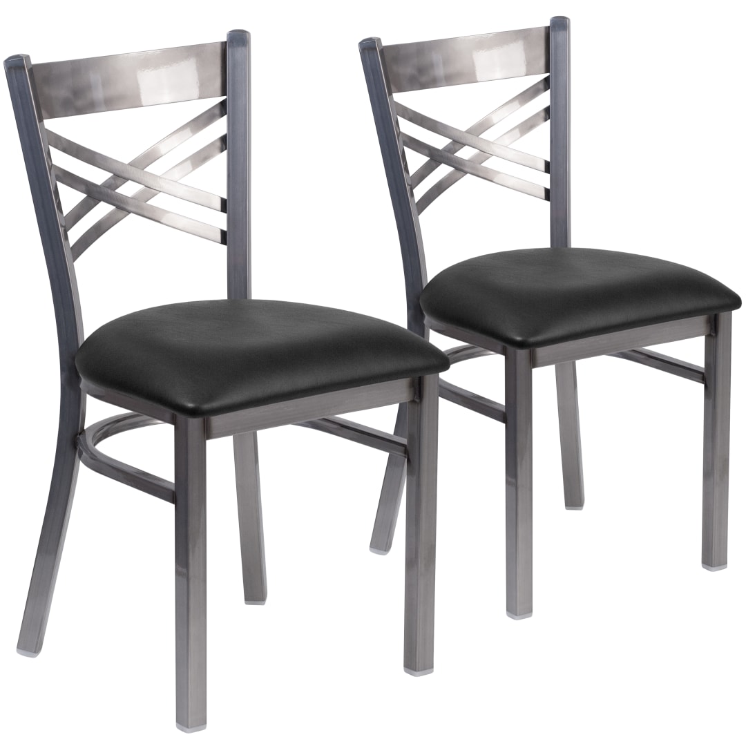 2 Pack HERCULES Series Silver Antique Finish with Clear Coat ''X'' Back Metal Restaurant Chair - Black Vinyl Seat