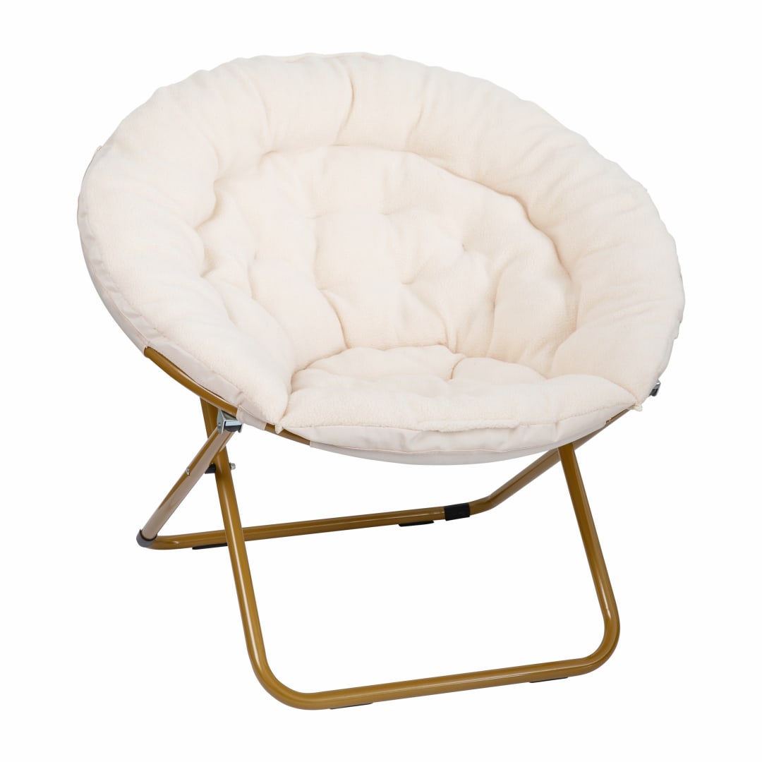 Gwen 38" Oversize Portable Faux Fur Folding Saucer Moon Chair for Dorm and Bedroom, Ivory Sherpa/Soft Gold Frame
