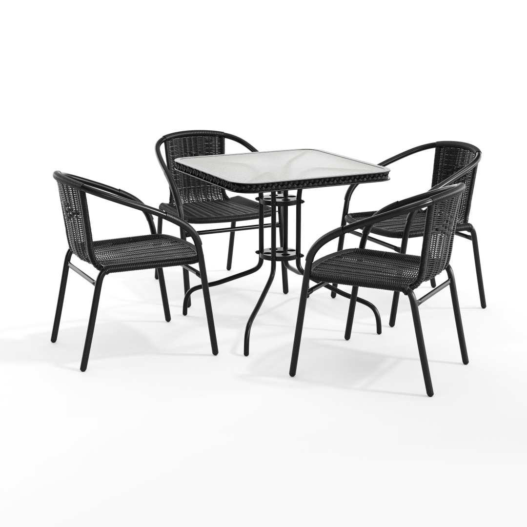 Lila 28'' Square Glass Metal Table with Black Rattan Edging and 4 Black Rattan Stack Chairs