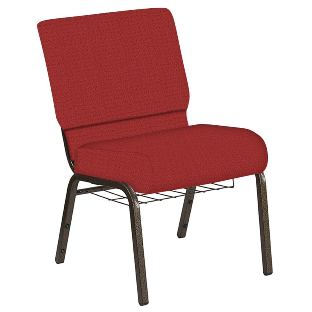 Embroidered 21''W Church Chair in Old World Ruby Fabric with Book Rack - Gold Vein Frame