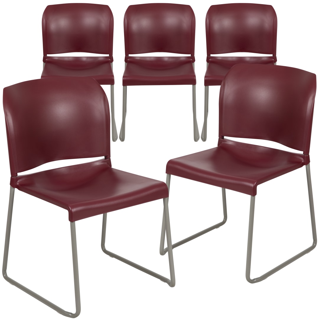 HERCULES Series 5 Pack 880 lb. Capacity Burgundy Full Back Contoured Stack Chair with Gray Powder Coated Sled Base