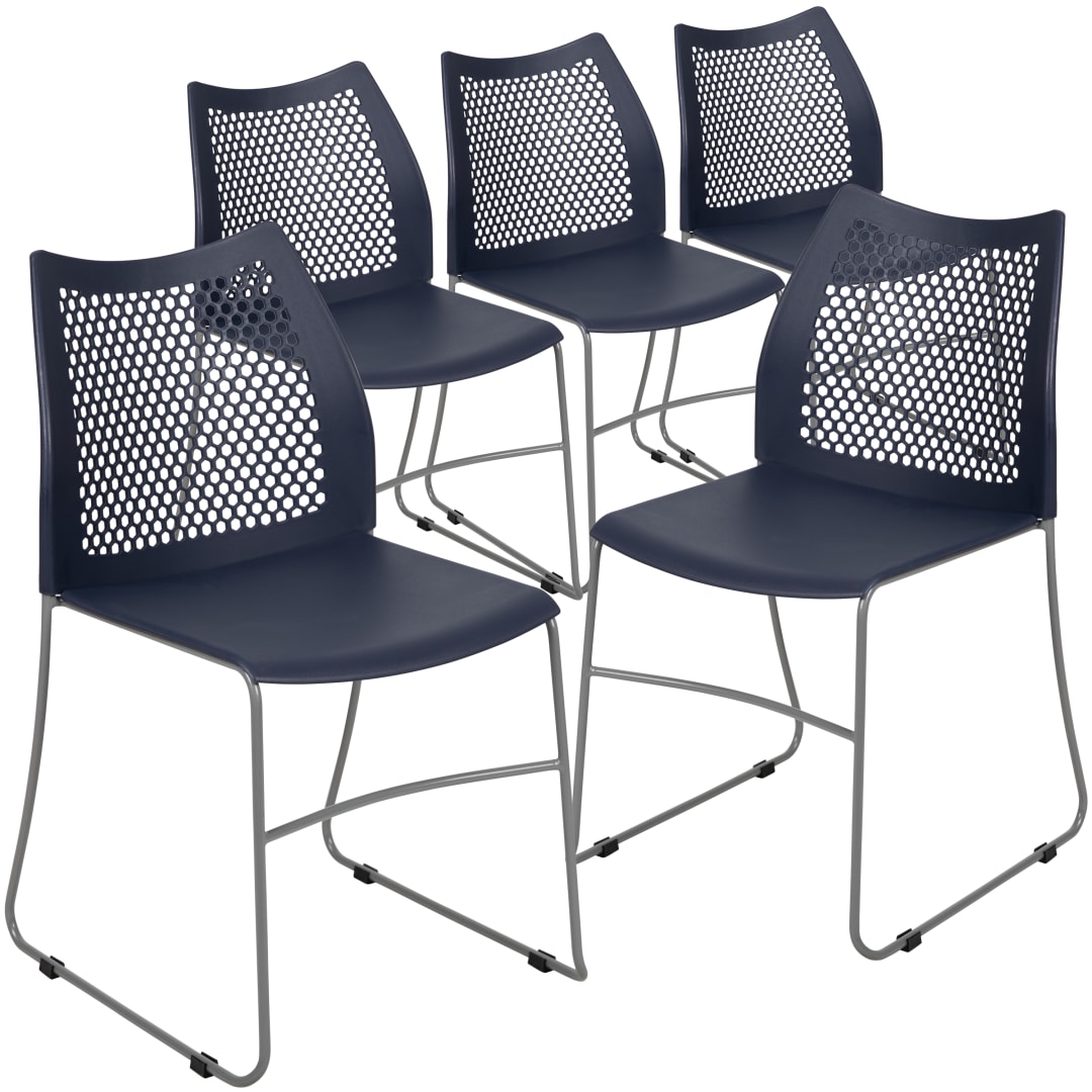HERCULES Series 5 Pack 661 lb. Capacity Navy Stack Chair with Air-Vent Back and Gray Powder Coated Sled Base