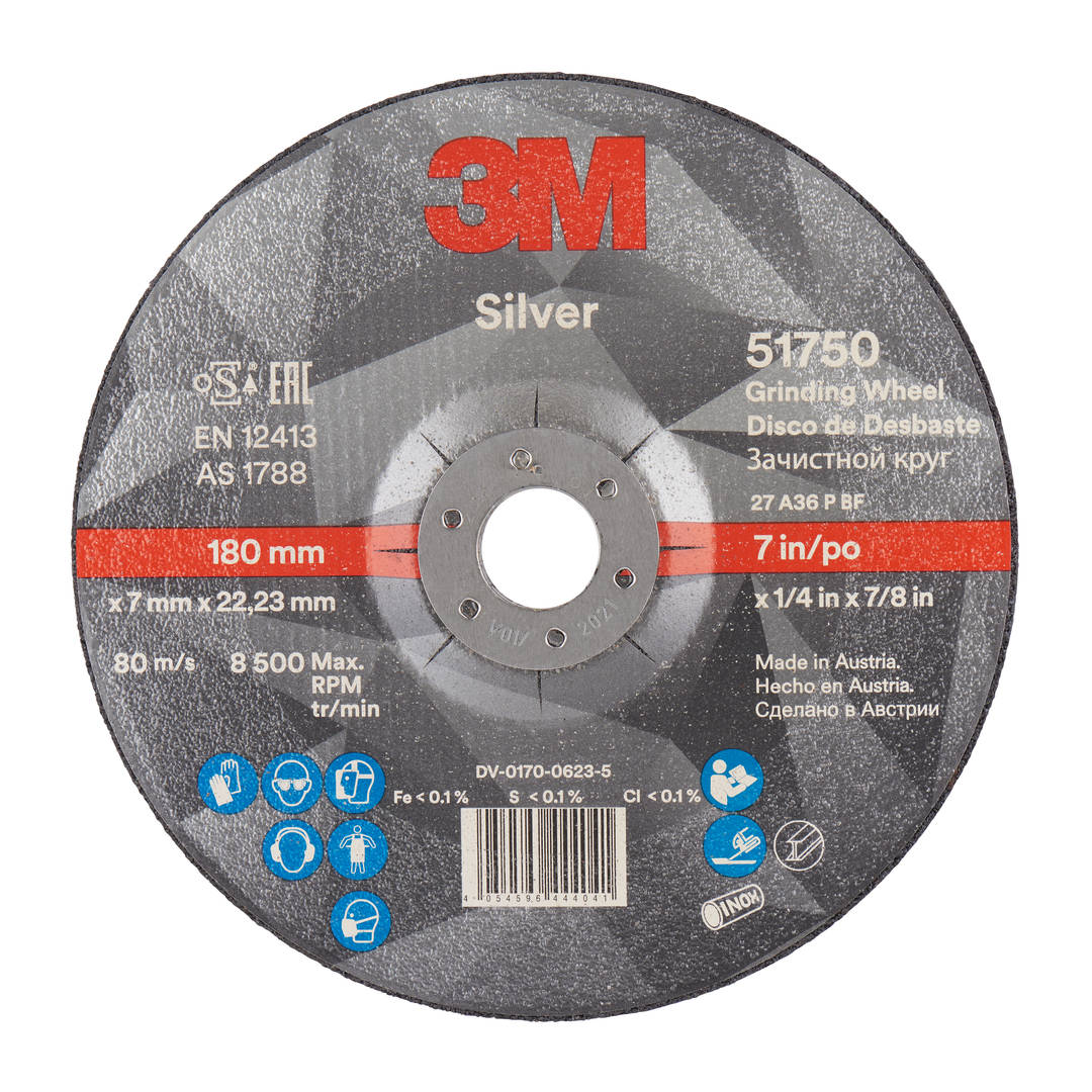 Disco de Desbaste Central Rebaixado Prata 3M™, T27, 180 mm x 7 mm x 22 mm, 10/Caixa, 20/Embalagem